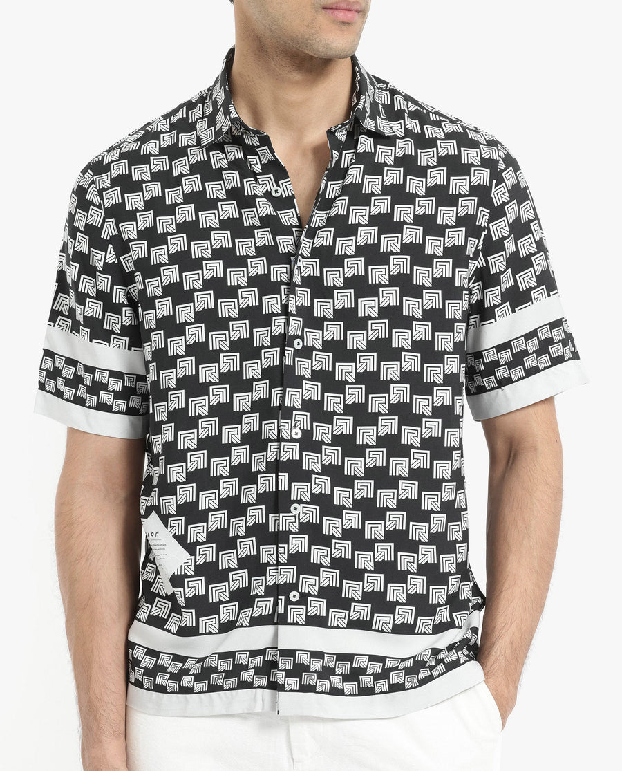 Rare Rabbit Men's Vito Black Viscose Monogram Print Boxy Fit Half Sleeve Collared Shirt