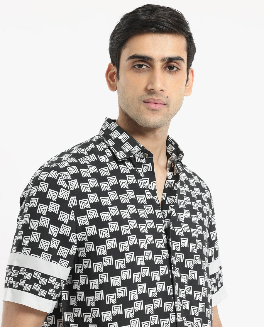 Rare Rabbit Men's Vito Black Viscose Monogram Print Boxy Fit Half Sleeve Collared Shirt