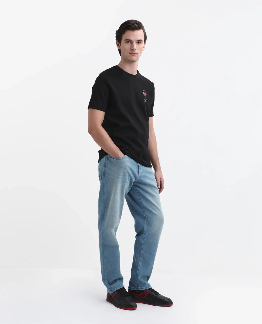 Rare Rabbit Men's Vlad-D Blue Cotton Blend Plain Kurt Carrot Fit Jeans