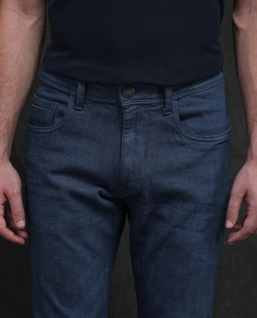 Rare Rabbit Men Vlad-G Dark Blue Cotton Blend Fabric Button Closure Slim Fit Plain Jeans