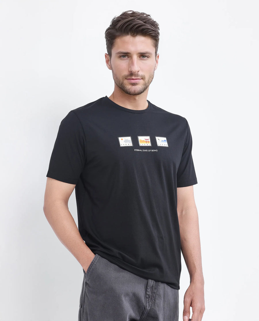 Rare Rabbit Men's Vob Black Cotton Blend Label Print Regular Fit Half Sleeve Crew Neck T-Shirt