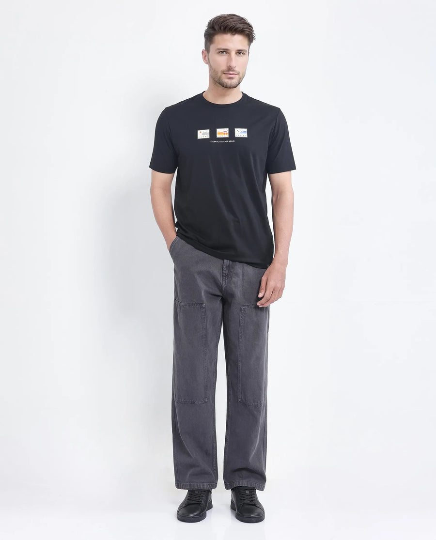 Rare Rabbit Men's Vob Black Cotton Blend Label Print Regular Fit Half Sleeve Crew Neck T-Shirt