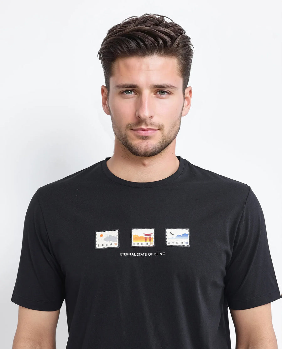 Rare Rabbit Men's Vob Black Cotton Blend Label Print Regular Fit Half Sleeve Crew Neck T-Shirt