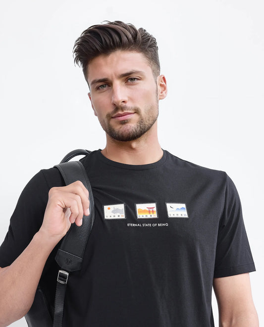 Rare Rabbit Men's Vob Black Cotton Blend Label Print Regular Fit Half Sleeve Crew Neck T-Shirt