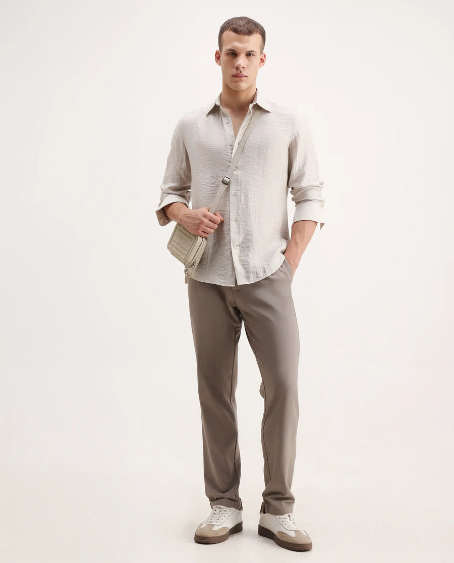 Rare Rabbit Men's Vobrin Dusky Beige Cotton Plain Regular Fit Full Sleeve Collared Shirt
