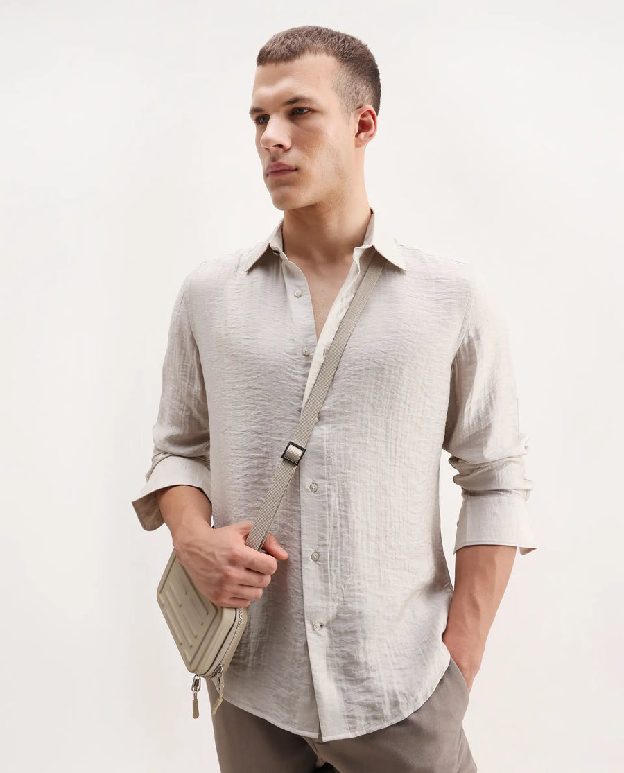 Rare Rabbit Men's Vobrin Dusky Beige Cotton Plain Regular Fit Full Sleeve Collared Shirt