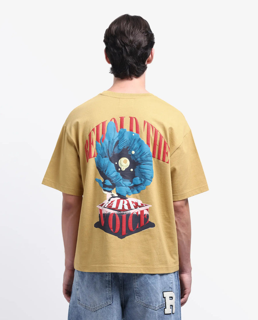 Rare Rabbit Men's Voiz Dusky Mustard Cotton Graphic Print Oversized Fit Half Sleeve Crew Neck T-Shirt