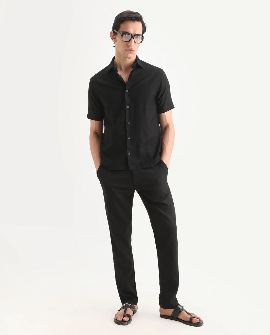 Rare Rabbit Men's Volda Black Cotton Fabric Half Sleeve Spread Collar Regular Fit Textured Shirt