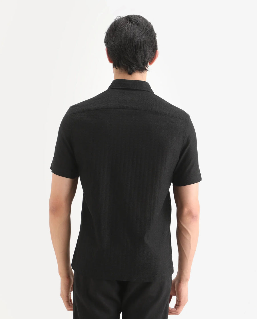 Rare Rabbit Men's Volda Black Cotton Fabric Half Sleeve Spread Collar Regular Fit Textured Shirt