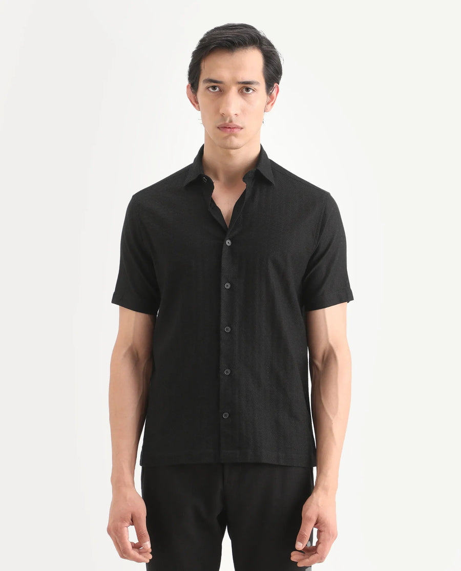 Rare Rabbit Men's Volda Black Cotton Fabric Half Sleeve Spread Collar Regular Fit Textured Shirt