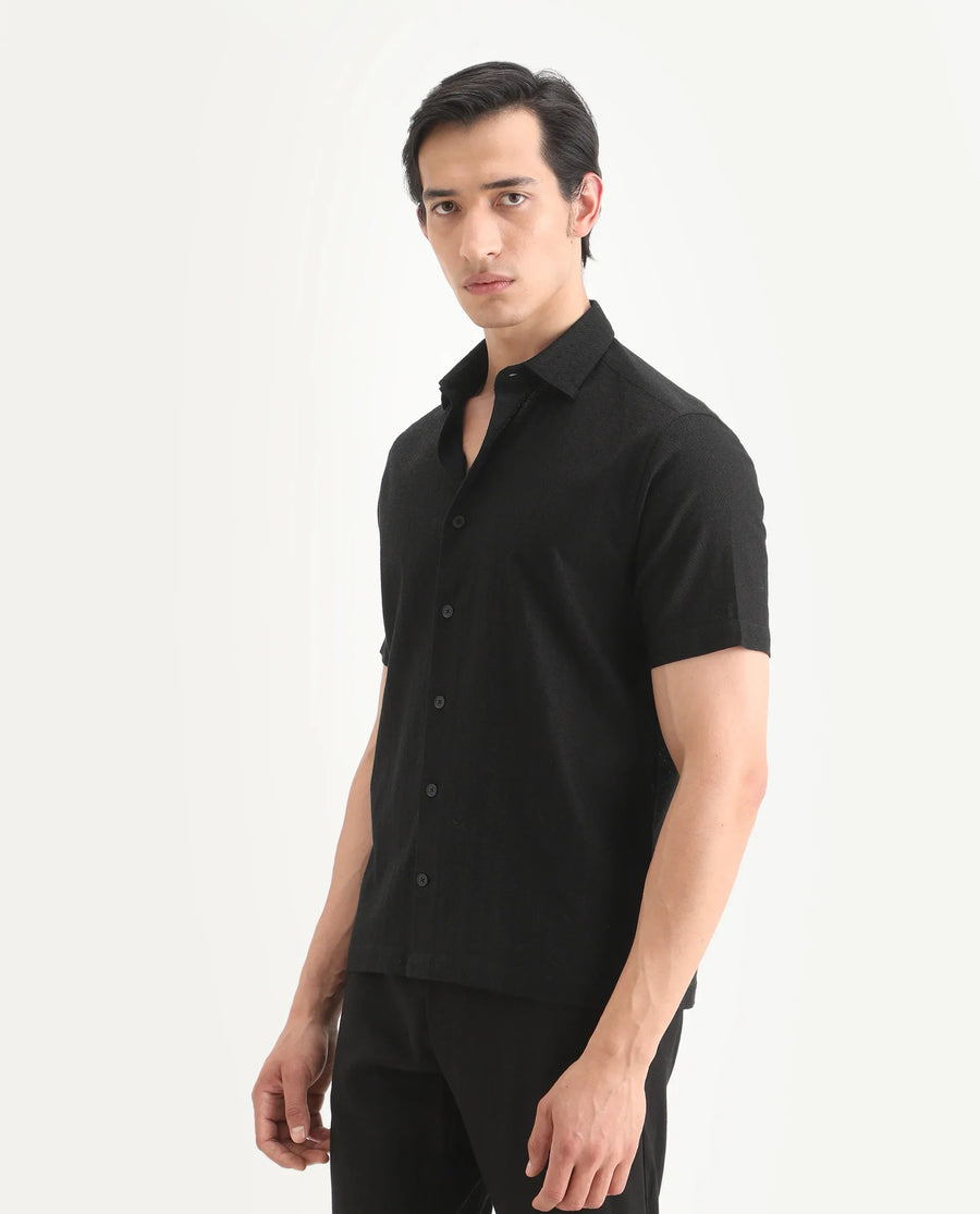 Rare Rabbit Men's Volda Black Cotton Fabric Half Sleeve Spread Collar Regular Fit Textured Shirt
