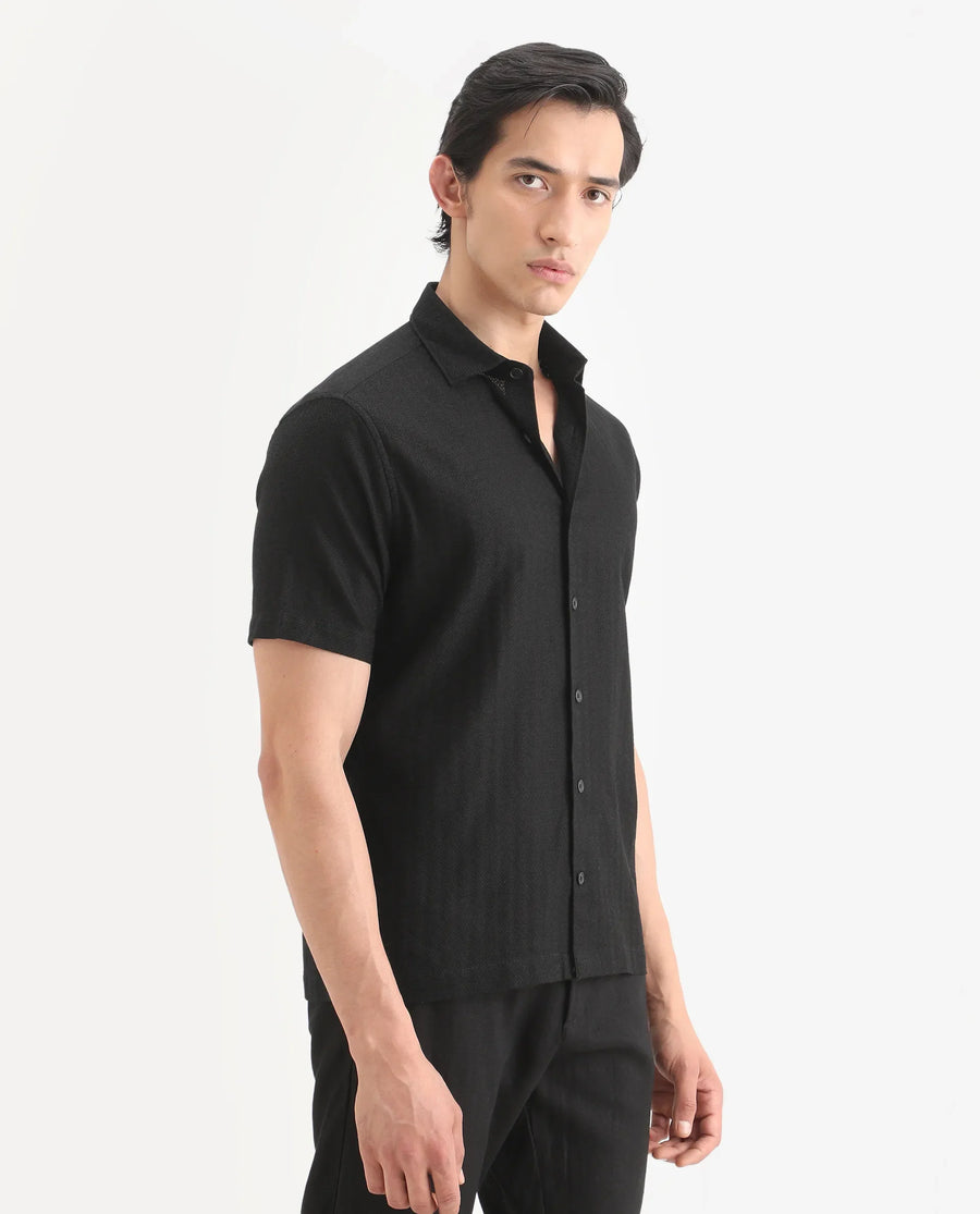 Rare Rabbit Men's Volda Black Cotton Fabric Half Sleeve Spread Collar Regular Fit Textured Shirt