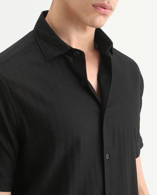 Rare Rabbit Men's Volda Black Cotton Fabric Half Sleeve Spread Collar Regular Fit Textured Shirt