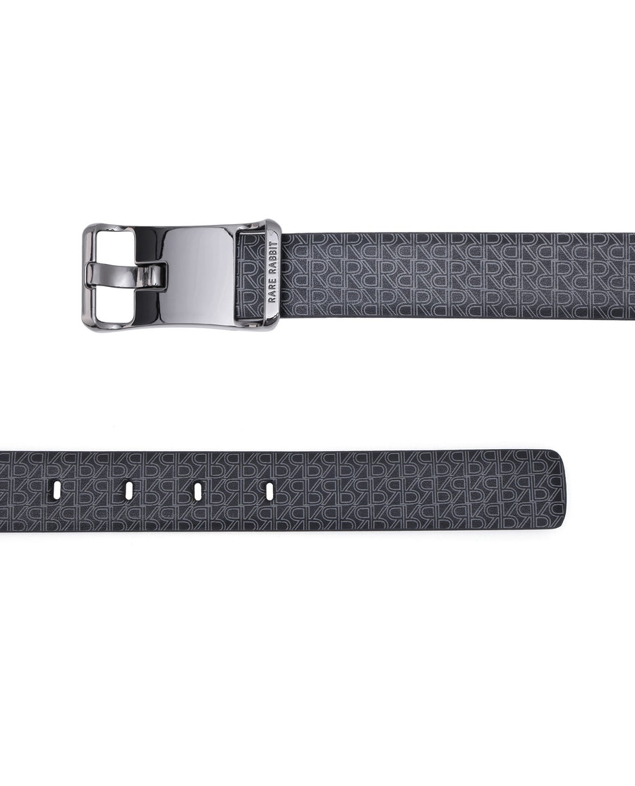 Rare Rabbit Men's Volde Black Reversible Monogram Print Gun Metal Belt