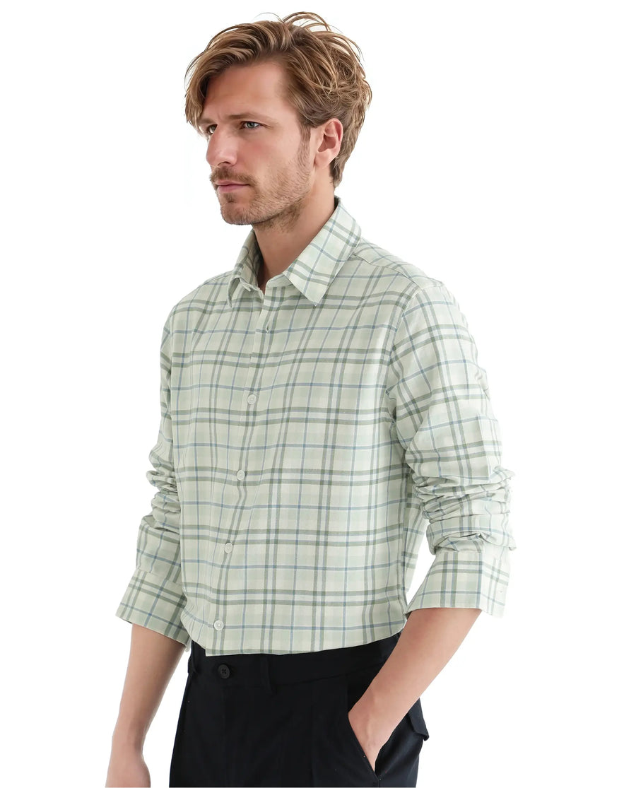 Rare Rabbit Men's Volgos Pastel Green Cotton Checked Print Regular Fit Full Sleeve Collared Shirt