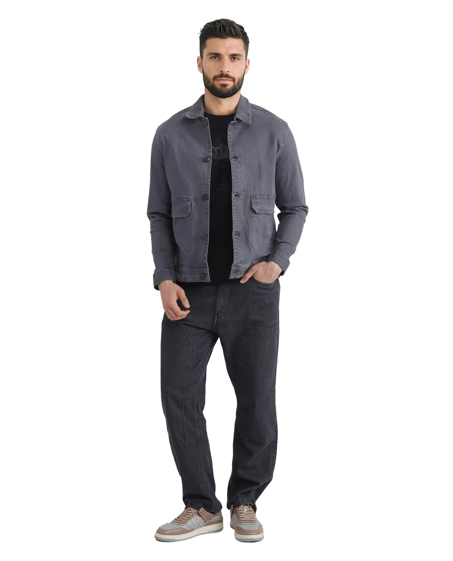 Rare Rabbit Men's Volta Dark Grey Cotton Plain Regular Fit Full Sleeve Spread Collar Jacket