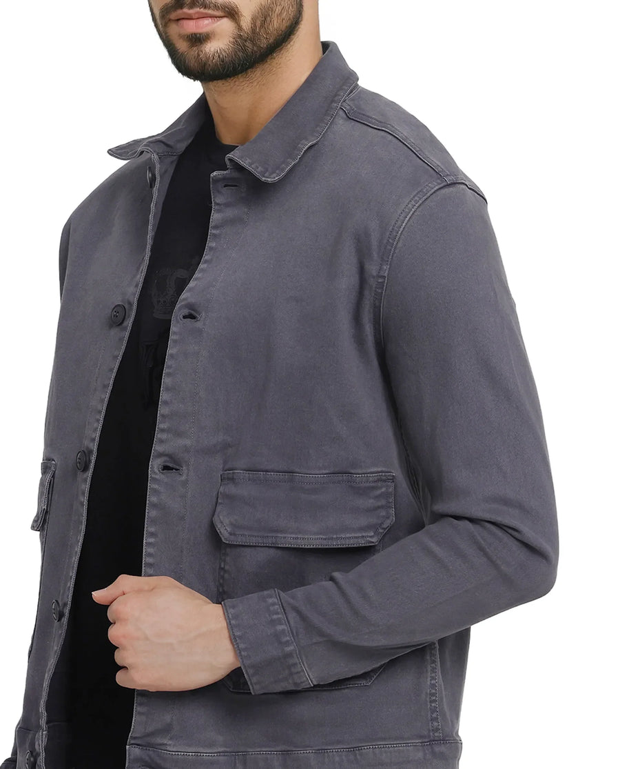 Rare Rabbit Men's Volta Dark Grey Cotton Plain Regular Fit Full Sleeve Spread Collar Jacket