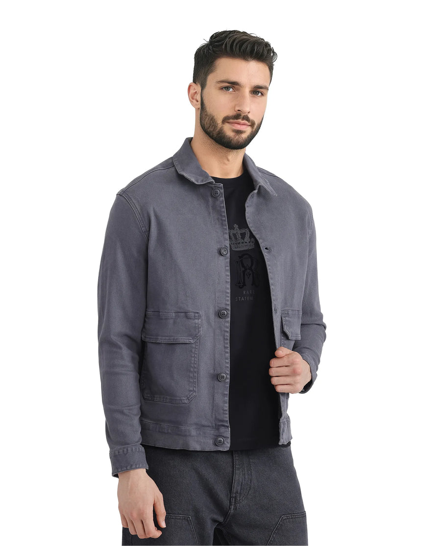 Rare Rabbit Men's Volta Dark Grey Cotton Plain Regular Fit Full Sleeve Spread Collar Jacket