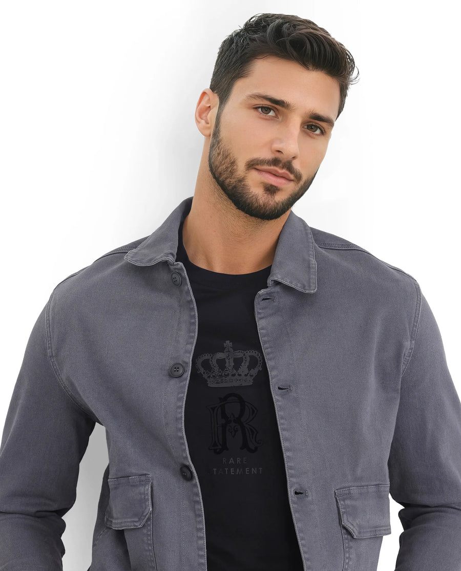 Rare Rabbit Men's Volta Dark Grey Cotton Plain Regular Fit Full Sleeve Spread Collar Jacket