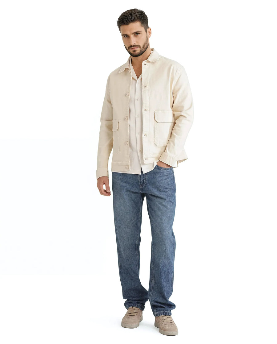 Rare Rabbit Men's Volta Off White Cotton Plain Regular Fit Full Sleeve Spread Collar Jacket