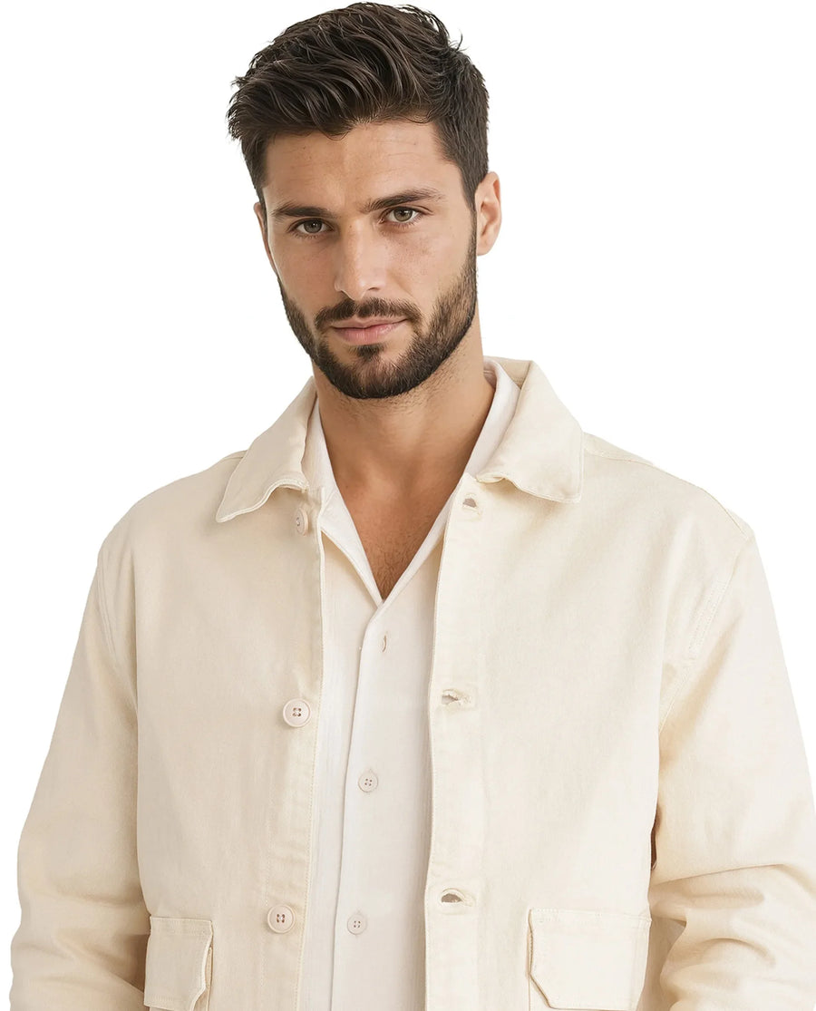 Rare Rabbit Men's Volta Off White Cotton Plain Regular Fit Full Sleeve Spread Collar Jacket