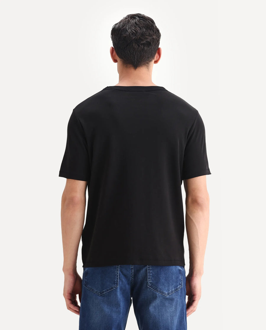 Rare Rabbit Men's Volt Black Cotton Plain Regular Fit Half Sleeve Crew Neck T-Shirt