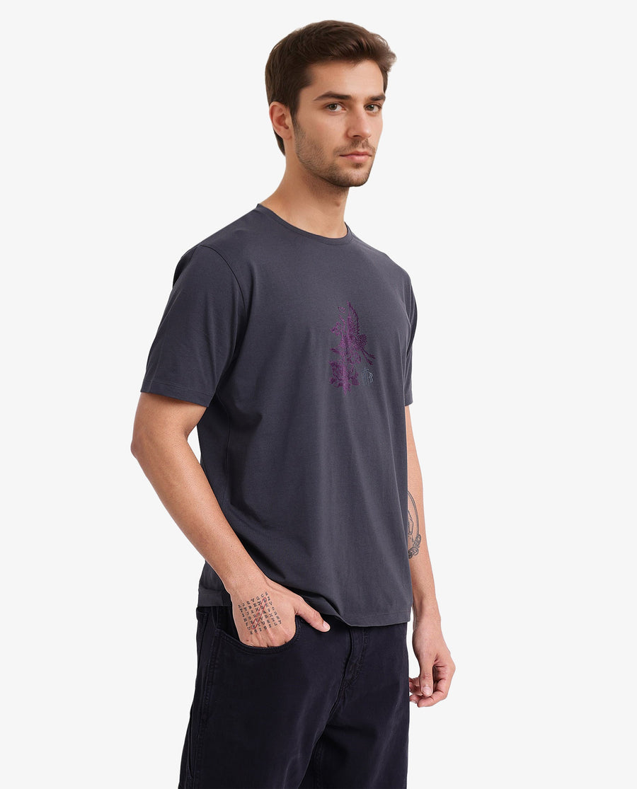 Rare Rabbit Men's Volvo Dark Grey Cotton Graphic Print Regular Fit Half Sleeve Crew Neck T-Shirt