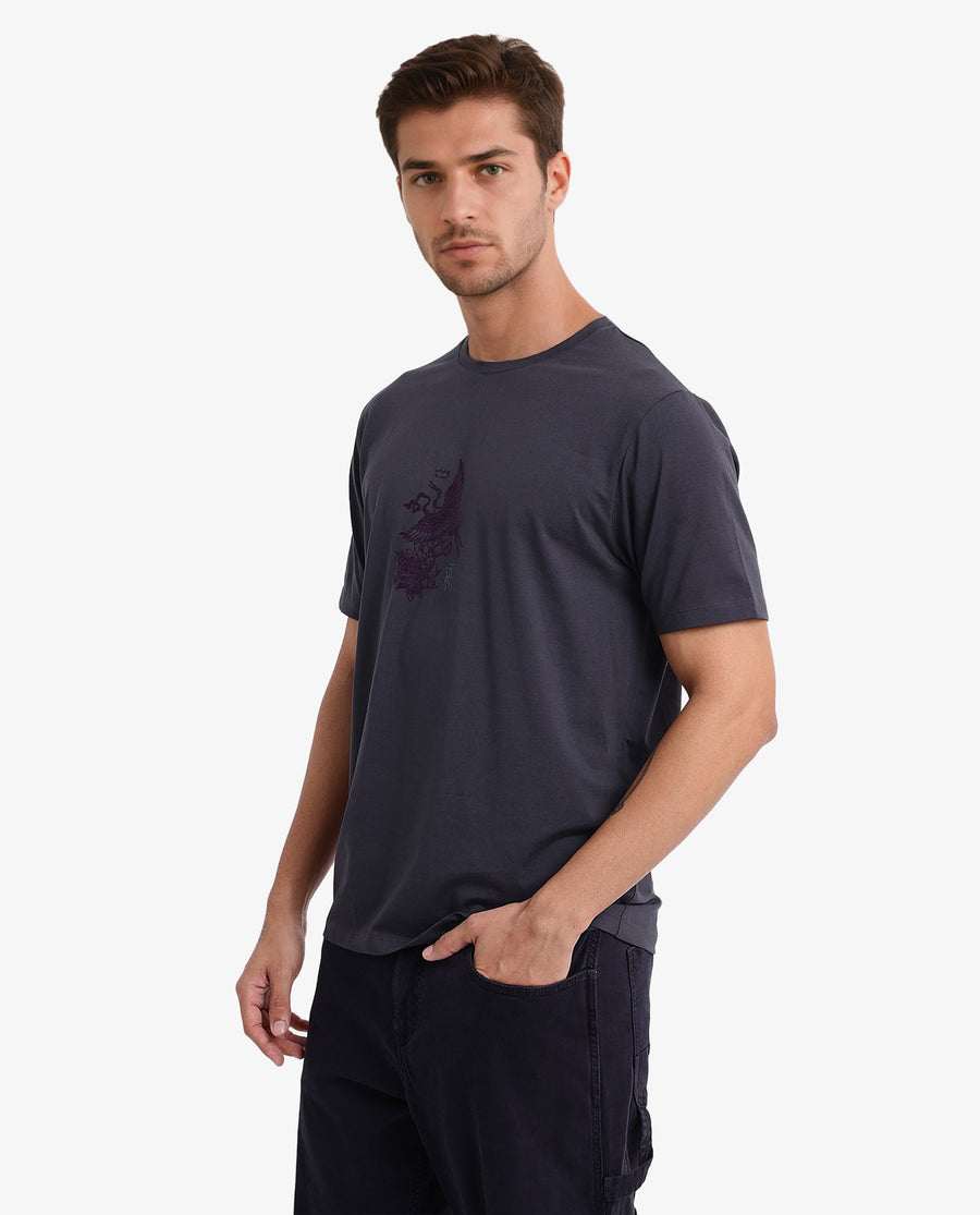 Rare Rabbit Men's Volvo Dark Grey Cotton Graphic Print Regular Fit Half Sleeve Crew Neck T-Shirt