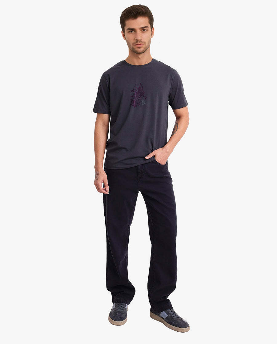 Rare Rabbit Men's Volvo Dark Grey Cotton Graphic Print Regular Fit Half Sleeve Crew Neck T-Shirt