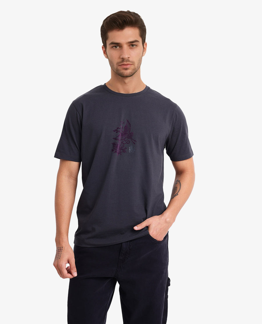 Rare Rabbit Men's Volvo Dark Grey Cotton Graphic Print Regular Fit Half Sleeve Crew Neck T-Shirt