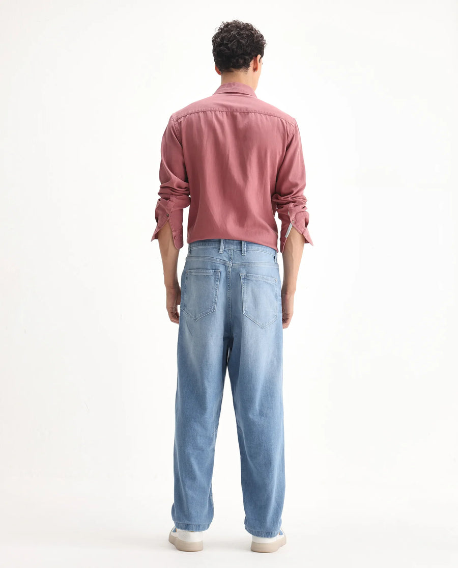 Rare Rabbit Men's Vort Light Blue Cotton Blend Plain Baggy Fit Jeans