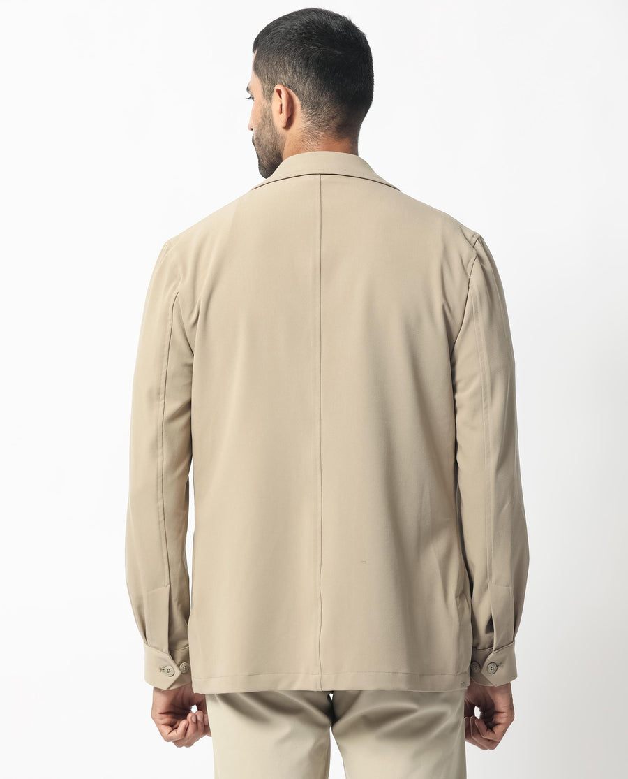 Rare Rabbit Men's Voyage Light Khaki Polyester Plain Tailored Fit Full Sleeve Lapel Neck Jacket