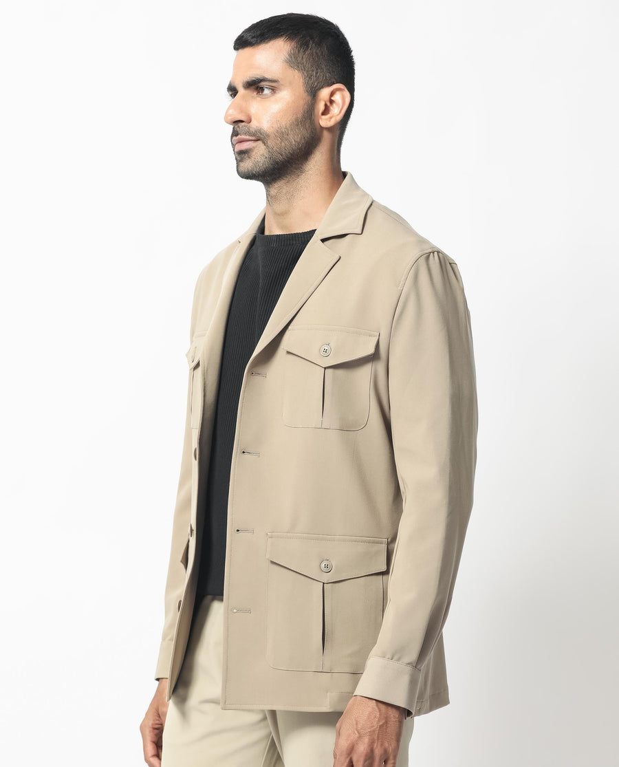 Rare Rabbit Men's Voyage Light Khaki Polyester Plain Tailored Fit Full Sleeve Lapel Neck Jacket
