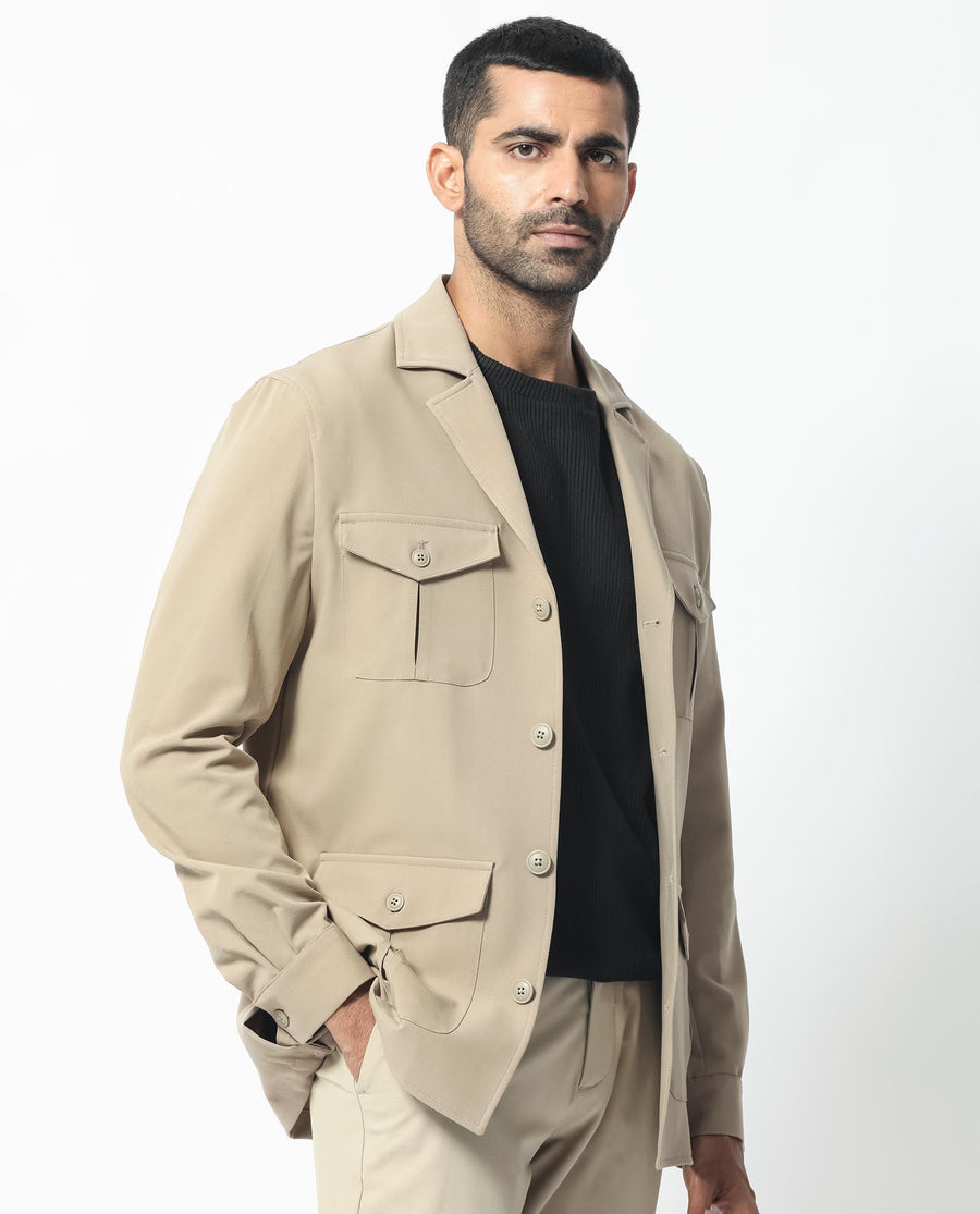 Rare Rabbit Men's Voyage Light Khaki Polyester Plain Tailored Fit Full Sleeve Lapel Neck Jacket