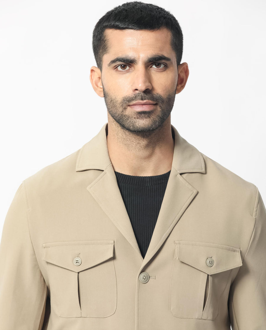 Rare Rabbit Men's Voyage Light Khaki Polyester Plain Tailored Fit Full Sleeve Lapel Neck Jacket
