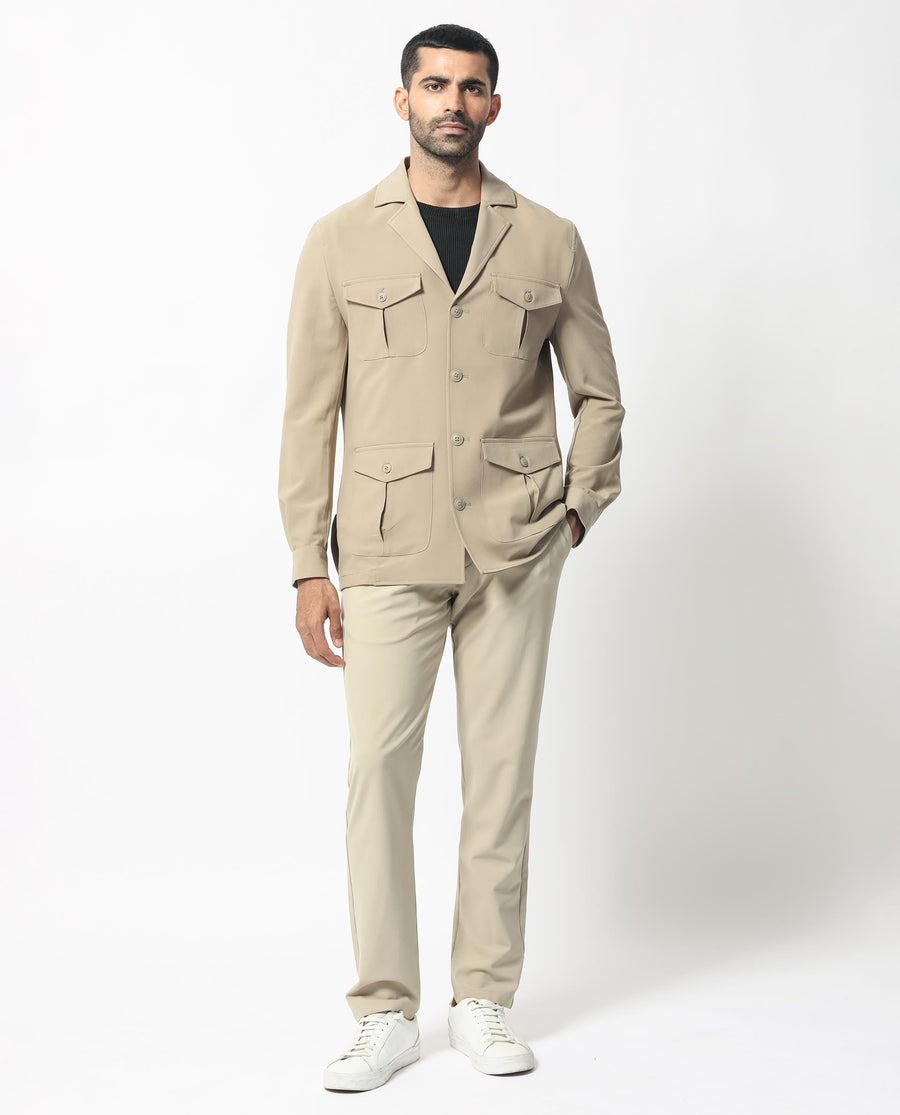 Rare Rabbit Men's Voyage Light Khaki Polyester Plain Tailored Fit Full Sleeve Lapel Neck Jacket