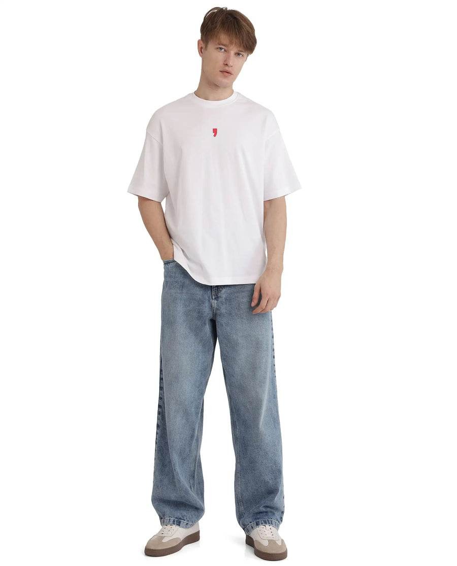 Rare Rabbit Men's Voy White Cotton Blend Graphic Print Oversized Fit Half Sleeve Crew Neck T-Shirt