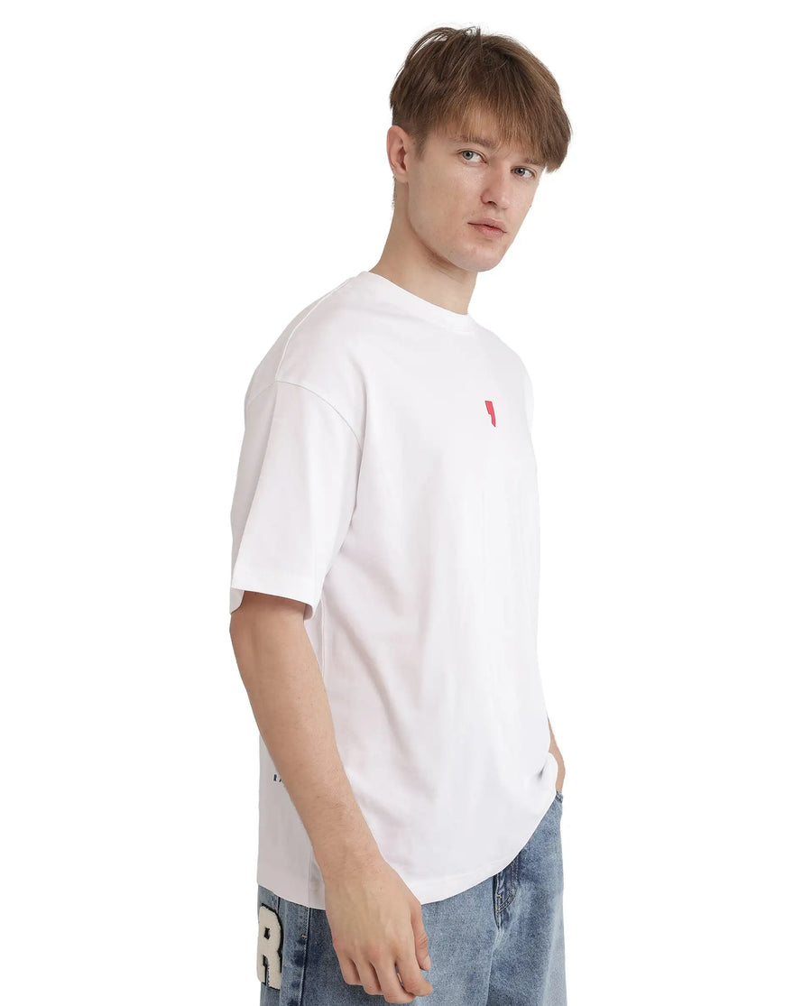 Rare Rabbit Men's Voy White Cotton Blend Graphic Print Oversized Fit Half Sleeve Crew Neck T-Shirt