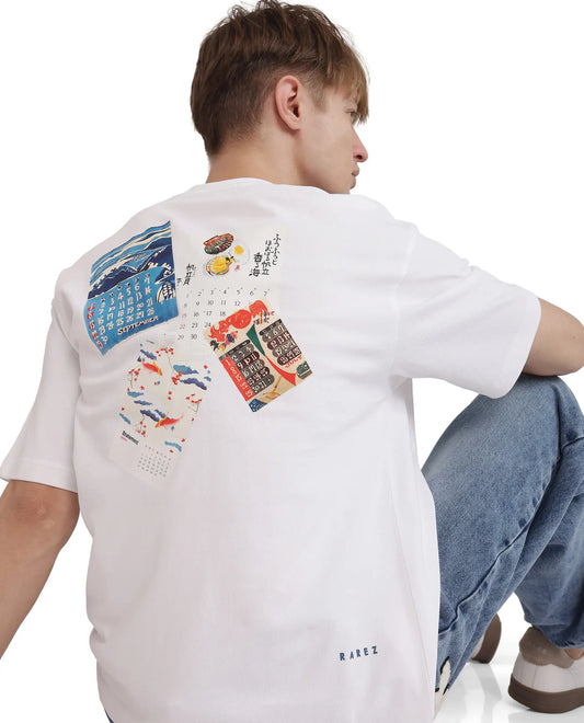 Rare Rabbit Men's Voy White Cotton Blend Graphic Print Oversized Fit Half Sleeve Crew Neck T-Shirt