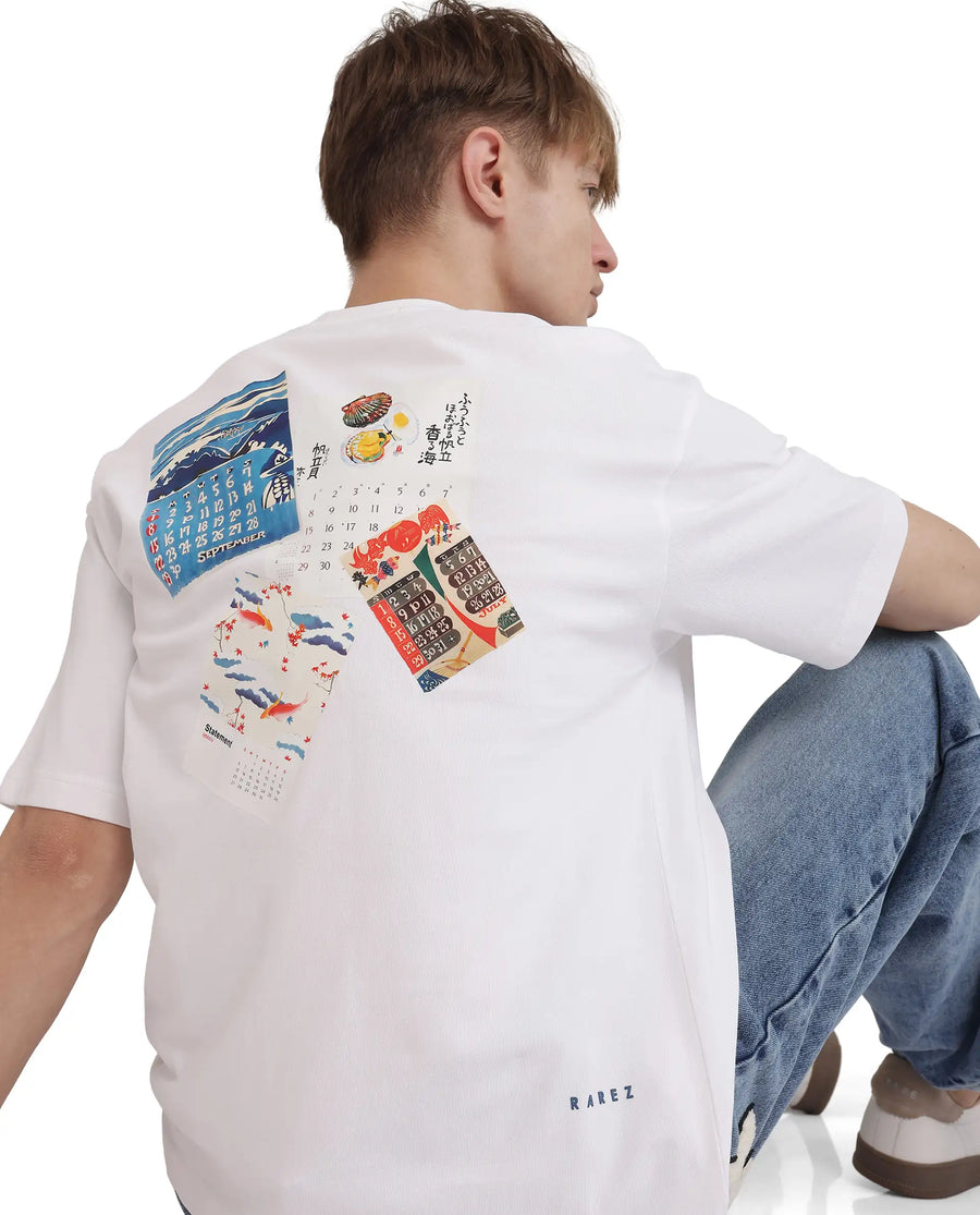 Rare Rabbit Men's Voy White Cotton Blend Graphic Print Oversized Fit Half Sleeve Crew Neck T-Shirt