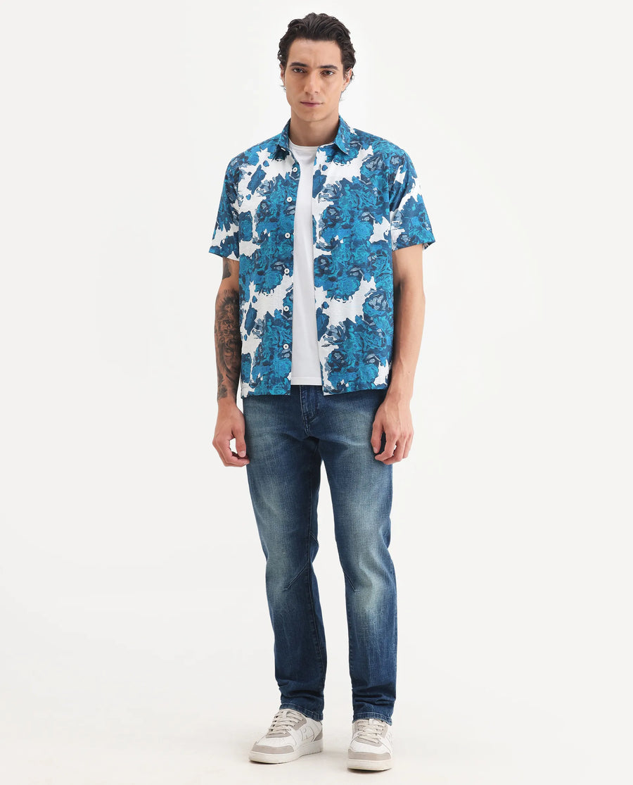 Rare Rabbit Men's Vyla Blue Viscose Fabric Collared Neck Regular Abstract Print Shirt
