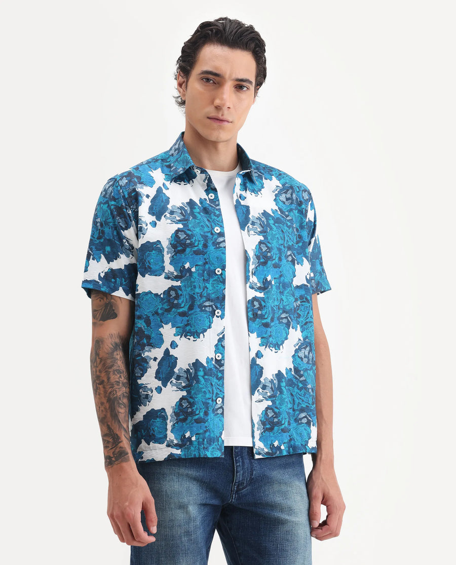 Rare Rabbit Men's Vyla Blue Viscose Fabric Collared Neck Regular Abstract Print Shirt
