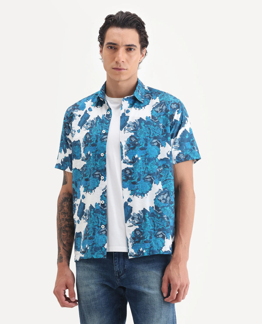 Rare Rabbit Men's Vyla Blue Viscose Fabric Collared Neck Regular Abstract Print Shirt
