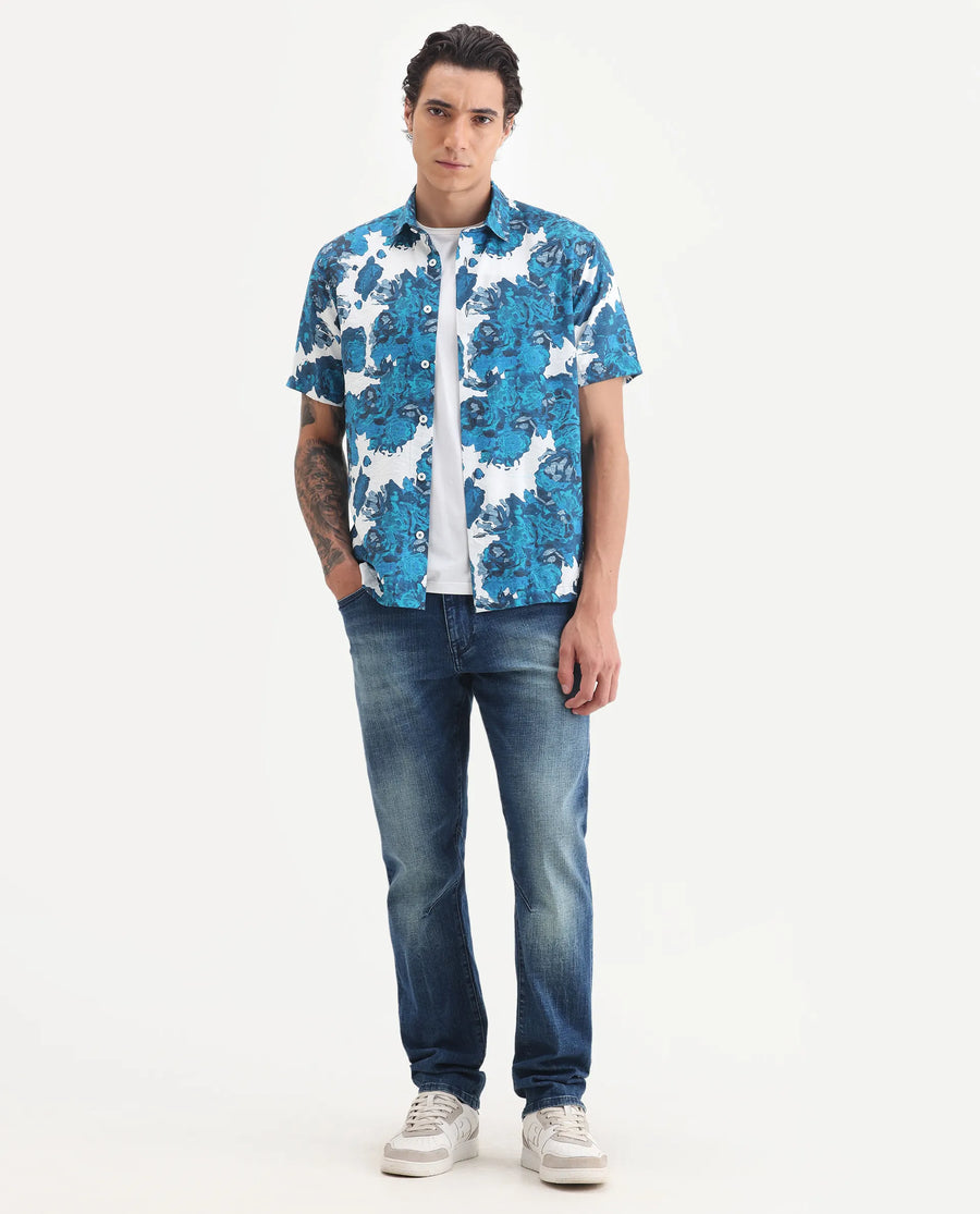 Rare Rabbit Men's Vyla Blue Viscose Fabric Collared Neck Regular Abstract Print Shirt