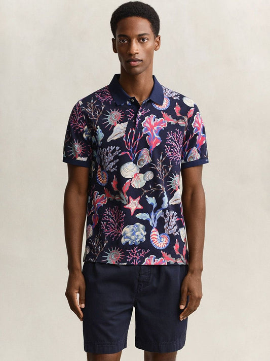 Gant Men Navy Blue Printed Regular Fit Pure Cotton Polo T-Shirt