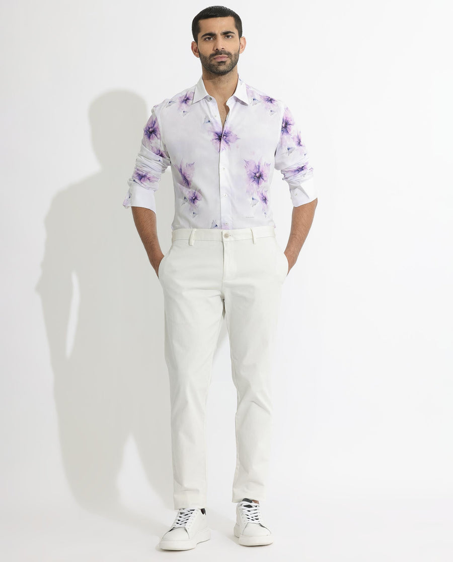 Rare Rabbit Men's Vendar White Viscose Floral Print Regular Fit Full Sleeve Collared Shirt
