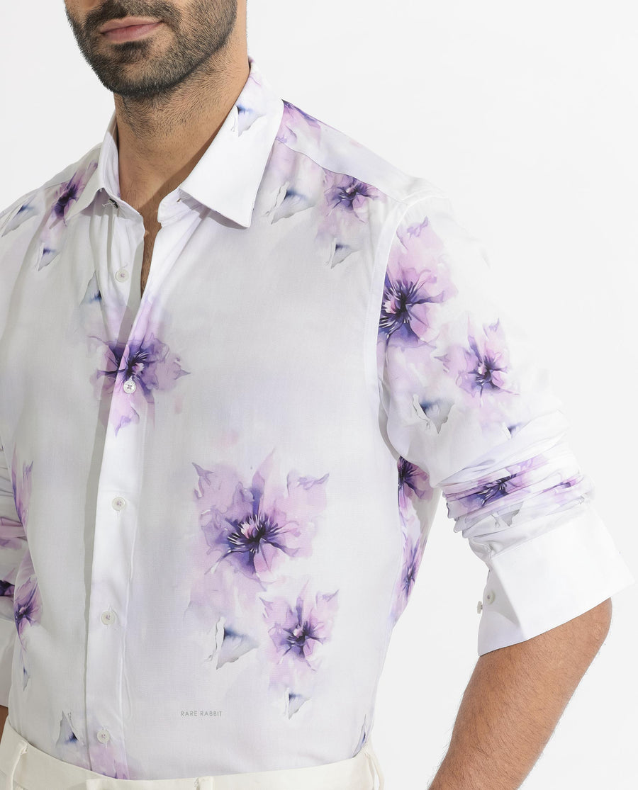 Rare Rabbit Men's Vendar White Viscose Floral Print Regular Fit Full Sleeve Collared Shirt