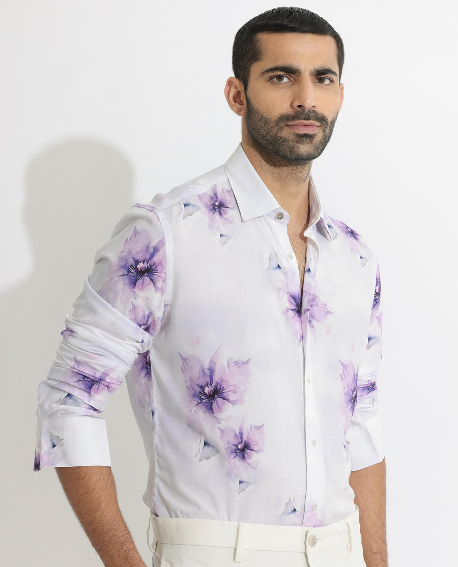 Rare Rabbit Men's Vendar White Viscose Floral Print Regular Fit Full Sleeve Collared Shirt