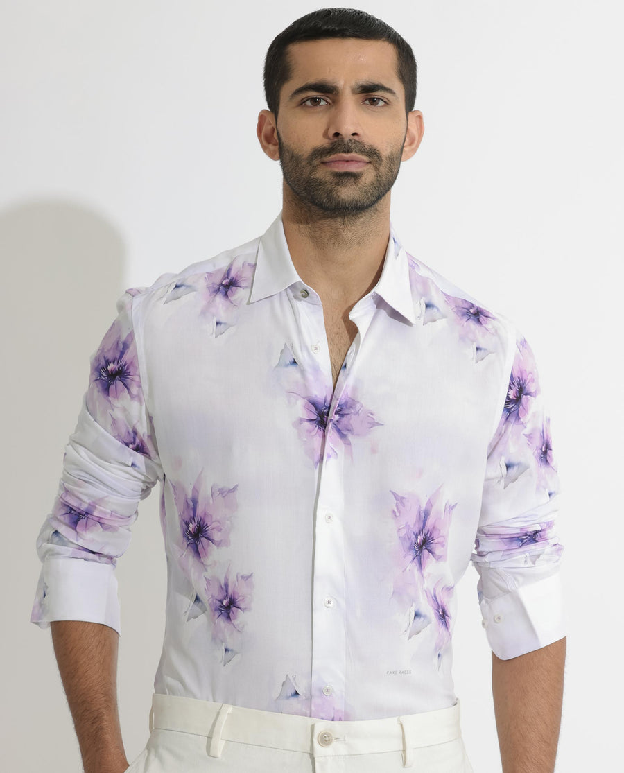 Rare Rabbit Men's Vendar White Viscose Floral Print Regular Fit Full Sleeve Collared Shirt