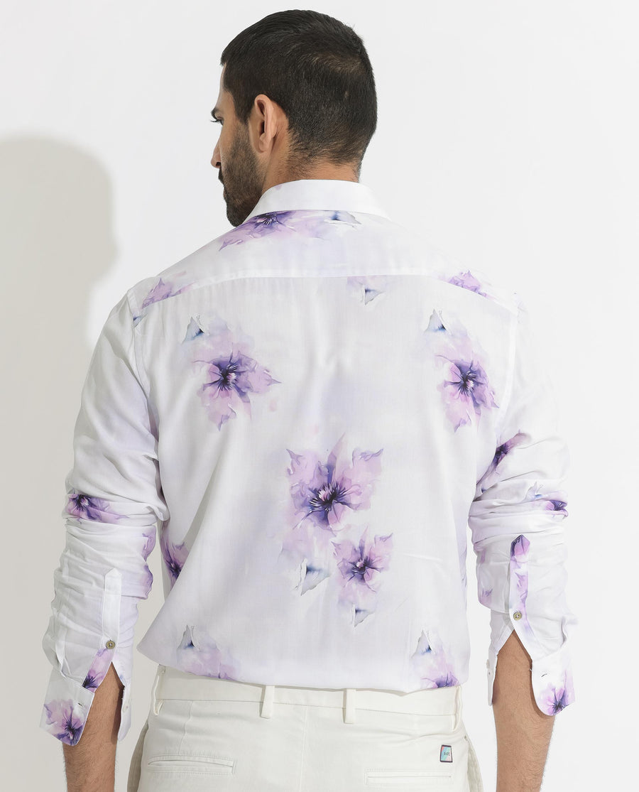 Rare Rabbit Men's Vendar White Viscose Floral Print Regular Fit Full Sleeve Collared Shirt